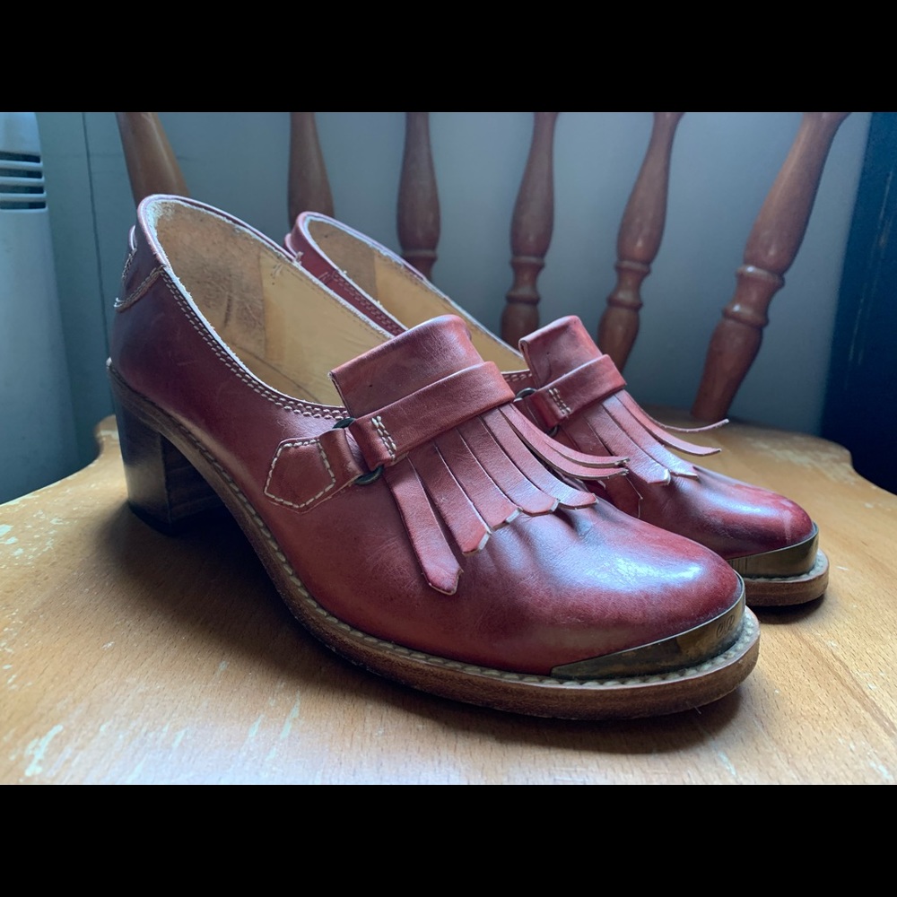 Vintage Brown Red Fringe Heeled Loafer Mules